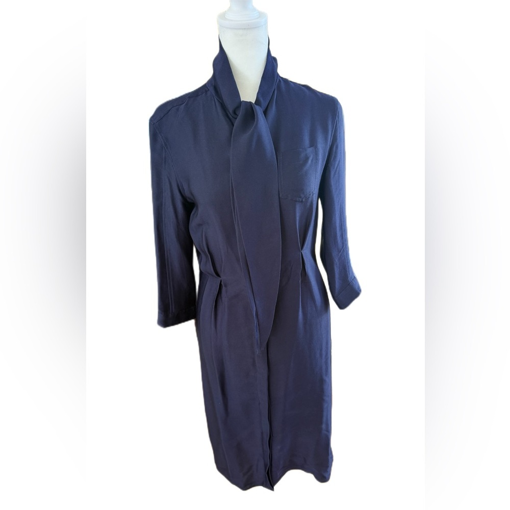 Vintage Rochas Elegant Navy Blue Tie-Neck Silk Dress